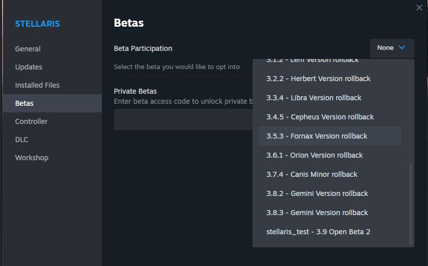 Steam Beta Menu